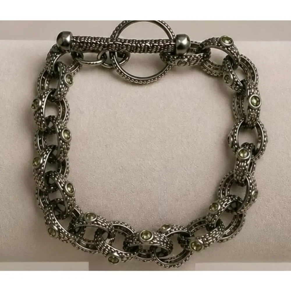 Vintage 1970s Brutalist Woodland Link Bracelet Green Rhinestones 8.5”